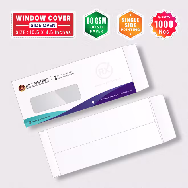 1000 Nos Window Envelope Cover 10.5 X 4.5 Inches | 80 GSM Bond Paper | Side Open Cover 1000 Nos Window Envelope Cover 10.5 X 4.5 Inches | 80 GSM Bond Paper | Side Open Cover